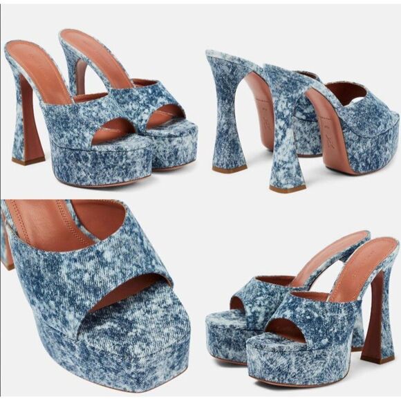 NEW AMINA MUADDI Dalida Blue Denim Square Open Toe Platform Pumps Size E… - Picture 3 of 12